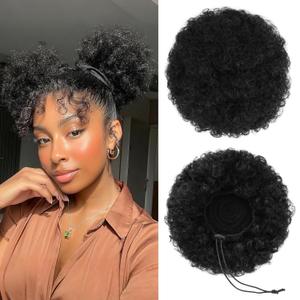 100% Human Hair Afro Puff Drawstring Ponytail for African Black Women GirlsAfro Curly Bun Extension Kinky Drawstring Short Extensions Hairpieces - 1B Natural Black Medium Size - 2 PIECES