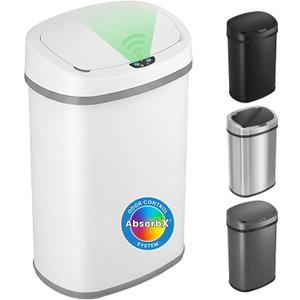 iTouchless 13 Gallon Oval Motion Sensor Garbage Container with Odor Filter, 50L Touchless Stainless Steel Kitchen Bin, Smart Automatic Lid, Fingerprint-Proof, Soft-Close, Brilliant White