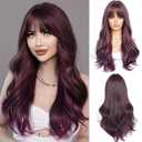 7JHH WIGS Highlight Layered Dark Purple Wig with Bang Long Straight Synthetic Women Natural Balayaga Light Purple Wig Daily Used25in