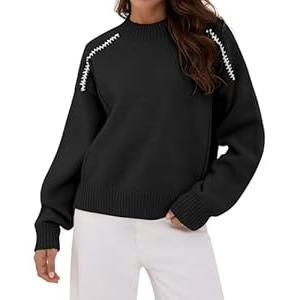 ZAFUL Womens Sweaters Contrast Cable Knit Long Sleeve Crewneck Fall Fashion 2025 Winter Pullover Sweater Tops Blouse Black, M