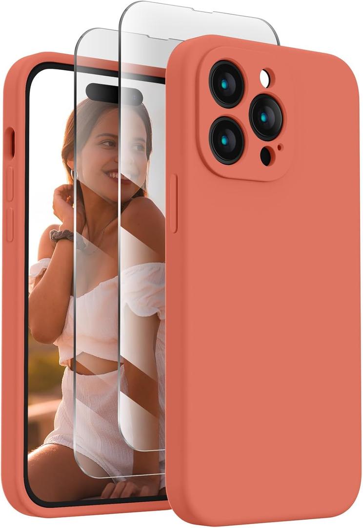 FireNova Designed for iPhone 14 Pro Case, Silicone Upgraded [Camera Protection] Phone Case with [2 Screen Protectors], Soft Anti-Scratch Microfiber Lining Inside, 6.1 inch, Pink Pomelo