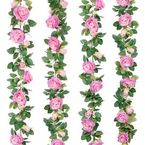 Teldrassil 4Pcs(26 FT) Artificial Rose Vine Fake Flower Garland Fake Silk Rose Hanging Vine for Wedding Party Background Arch Garden Background Decoration (Purplish Red), 6.5 ft