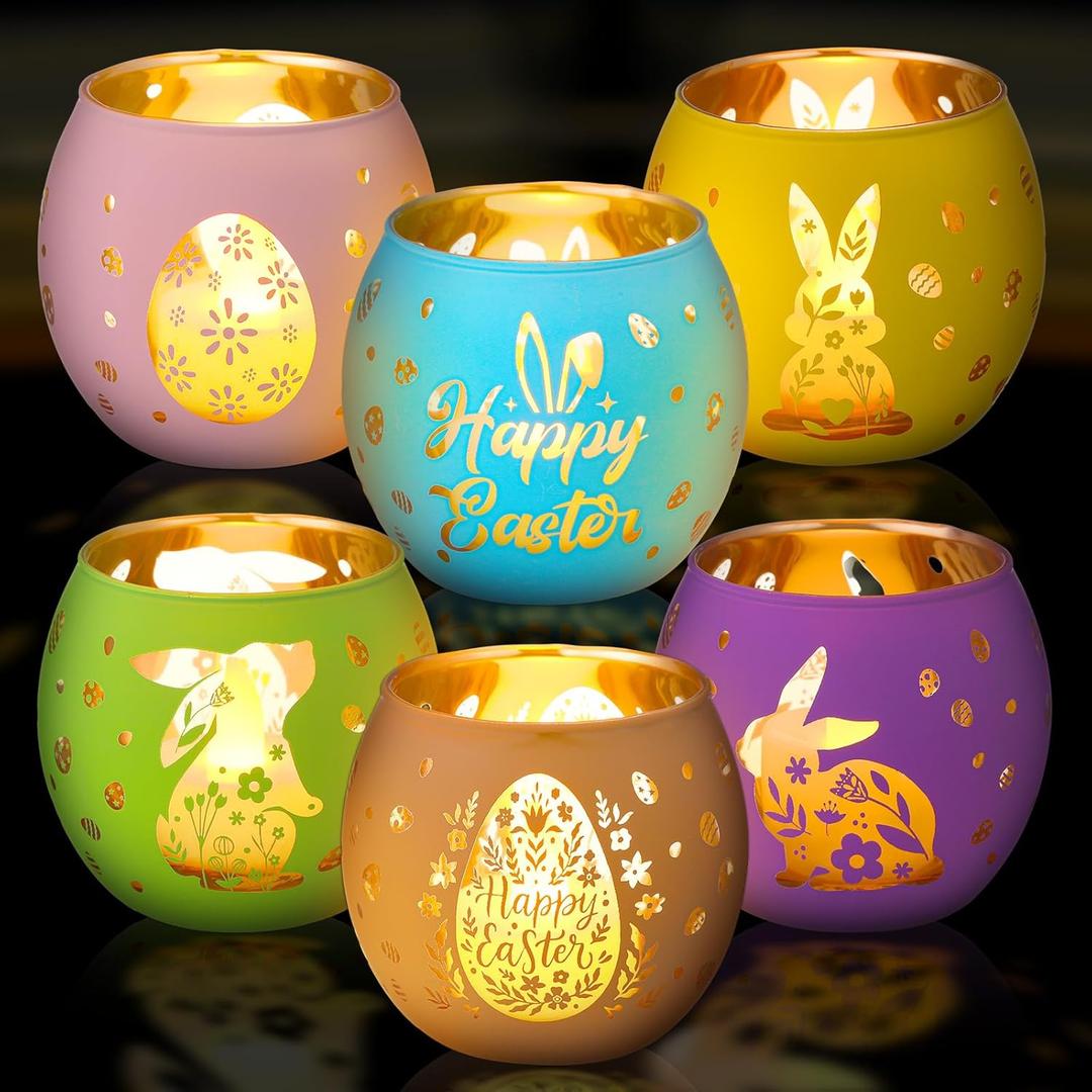 Jingmore 6 Pcs Easter Tealight Candle Holders Bunny Egg Flameless Glass Votive Holders Happy Easter Votive Candle Decor with 6 Laser Engraving Patterns for Spring Home Table Centerpiece (Multicolor)