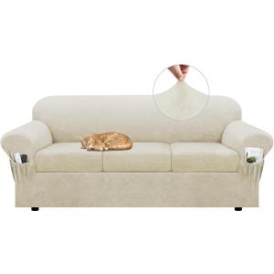 Sofa Slipcover with Armrest Pockets 4-Piece Set, Stretch Faux Leather Couch Cover for 3-Cushion Couches(Fits 72-92") - Non-Slip, Machine Washable, Pet & Kid Friendly - Beige