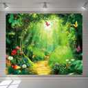 Enchanted Forest Backdrop Banner Fairy Tale Spring Garden Magic Wonderland Mushroom Butterfly Green Woodland Background Kids Girl Tea Party Decorations Photo Booth Props Fabric 10x8ft