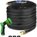 100Ft Non-Expandable Garden Hose, Flexible Water Hose with 10-Pattern Spray Nozzle, Lightweight Hose Pipe, Kink-Free, Leak-Proof, 3/4" Solid Metal Fittings (Black)