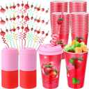 Maxcheck 36 Sets Strawberry Party Favors Goodie Cups with Lids and Straws for Birthday Decorations 36pcs 16oz Plastic Cups Reusable Plastic Straws for Birthday Party (Strawberry)