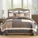 Finlonte 100% Cotton King Size Quilt, King Comforter with Pillow Shams, Farmhouse Plaid Quilted Bedspread, Lightweight Soft Quilt Bedding Set, Brown/Beige/Gray (King (98"x106"))