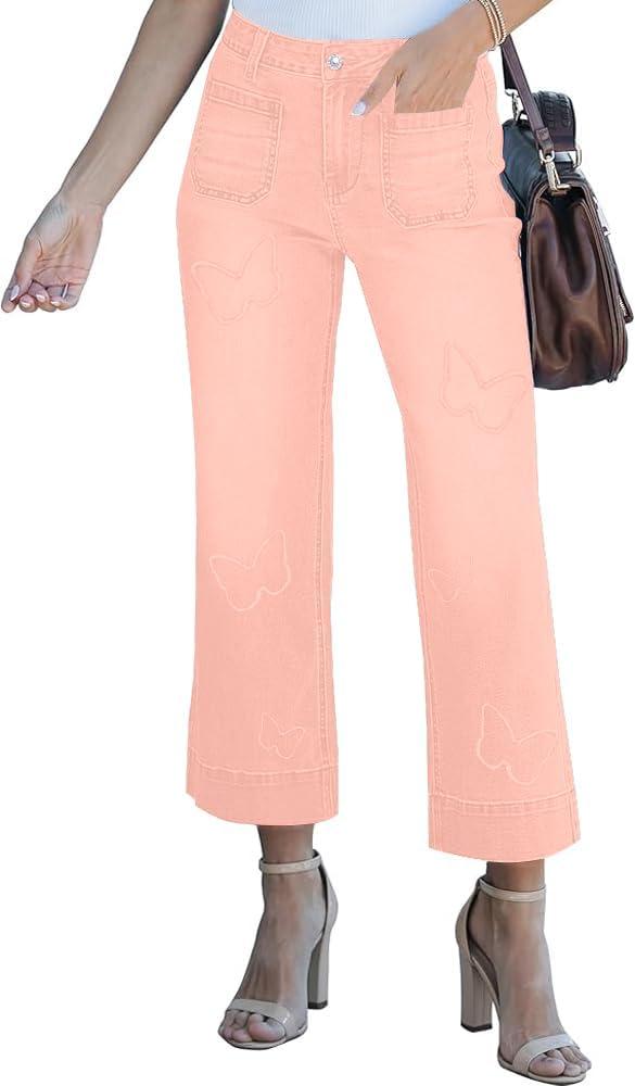 Women's Cropped Wide Leg Jeans Butterfly Elastic High Waisted Baggy Flared Jeans Trendy Stretchy Denim Pants (Pink, S)