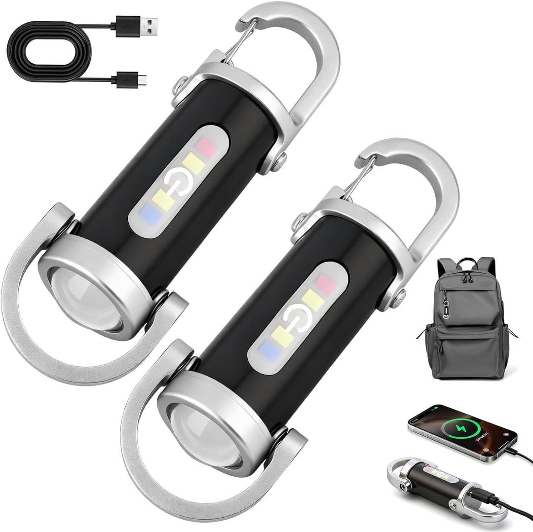 2pcs Portable Rechargeable Bright Keychain Flashlight, Type-C USB Mini LED Light Keychains Flashlight, Phone Charger Keychain 7 Lighting Modes for Camping, Searching, Walking and Hiking
