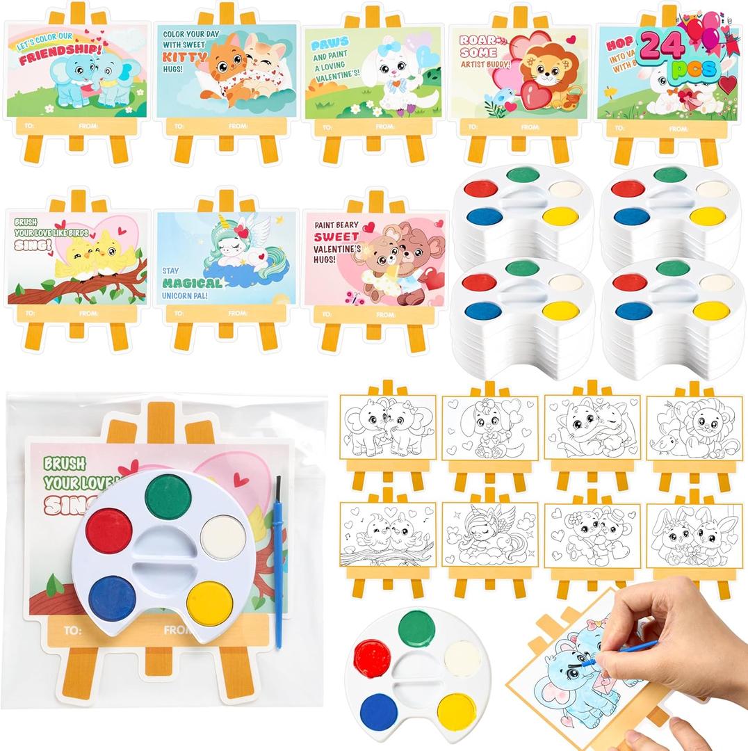 JOYIN 24 Pcs Valentine's Day Mini Watercolor Paints with Easel-Shaped Cards, 5 Colors Heart-Shaped Paint Palettes & 8 Animal Themed Cards, Valentine Crafts Set for Kid Gifts Exchange Classroom Prize