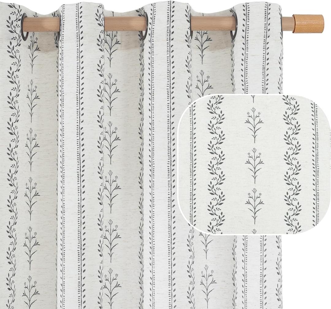 BGment Boho Curtains for Living Room 2 Panels, Grey Farmhouse French Country Vintage Floral Botanical Cottage Core Light Filtering Semi Sheer Linen Curtains 84 Inches Long, Each Panel 52 Inches Wide