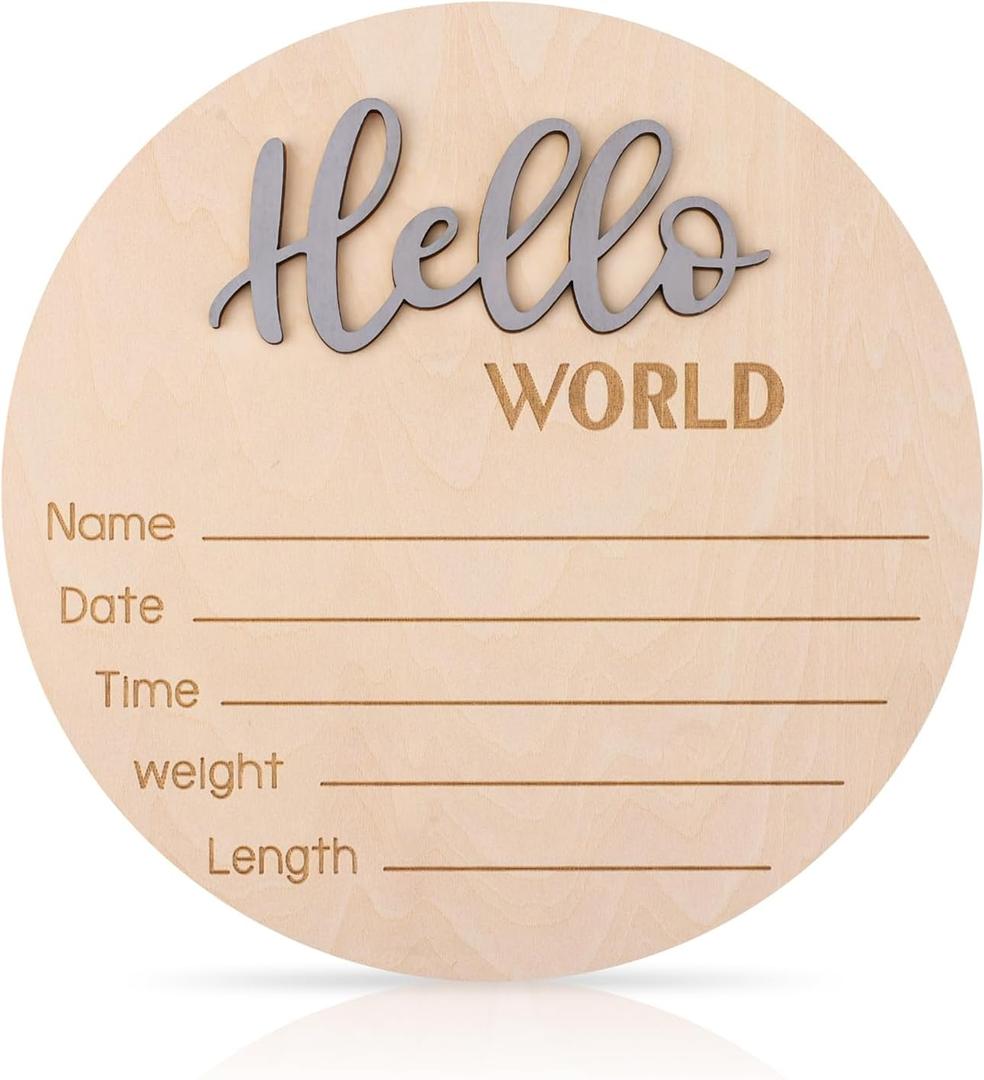 lasuroa Baby Announcement Sign, 5.9 Inch Wooden Hello World Newborn Welcome Sign Birth Announcement Name Plate for Hospital Nursery (Gray)
