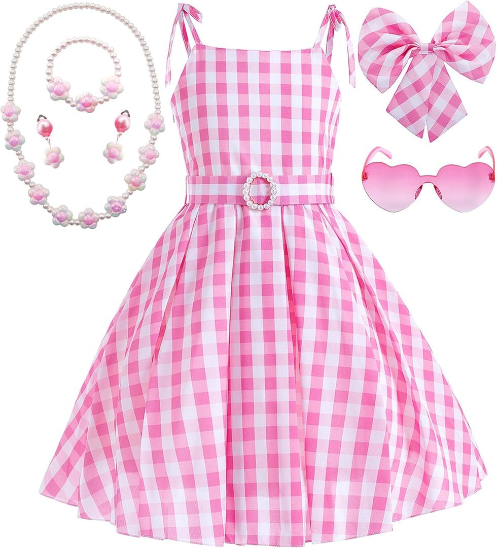 Golray 7pcs Girls Plaid Costume Dress Sweet Slip Dress with Accessories Movie Outfit Birthday Halloween Costume for Girls (110(4-5Years), Pink)