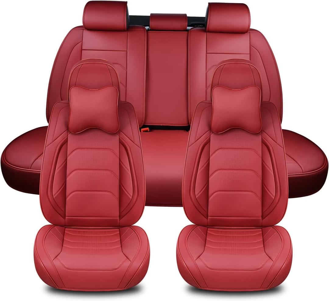 Martha Red Car Seat Covers Full Set, Breathable Leather Automotive Front and Rear Seat Covers & Headrest for Comfortable Driving, Universal Auto Interior Fit for Most Kinds of Vehicles, Cars