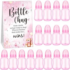 TrelaCo Bottle Chug Baby Shower Game 20 Pcs Baby Bottles Shower Favor with 1 Bear Theme Sign for Gender Reveal Party Supplies Gifts(Transparent Pink)
