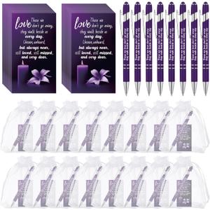 Yeaqee 150 Pcs Funeral Favor Thank You Set Funeral Favor for a Memorial Service 50 Ballpoint Pens 50 Poem Cards White Organza Bags Sympathy Condolence Bereavement Gift(Purple,Candle)