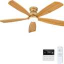 52 Inch Flush Mount Ceiling Fans with Lights and Remote, Dimmable, 5 Blades Wood Ceiling Fan with Light, Low Profile Outdoor Indoor Modern Ceiling Fan for Bedroom Patio (Gold)