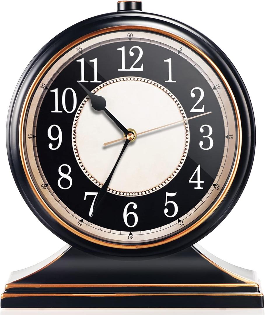 AYRELY Vintage Desk Clock Silent-Non-Ticking 10-inch dial Table Clock,Retro Mantel Clocks and Easy to Read for Living Room, Bedroom, Shelf Decoration, Fireplace, Farmhouse Decor (Black)