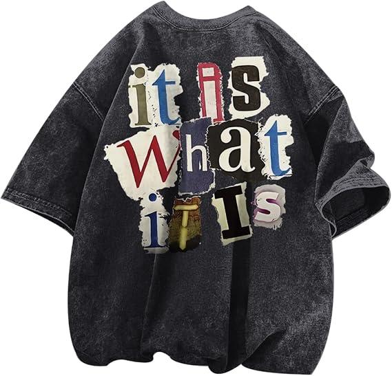 Men's Graphic Tees Funny Letter Print Vintage Oversize T Shirts Acid Wash Shirt Streetwear Rapper Casual Tee Top XL