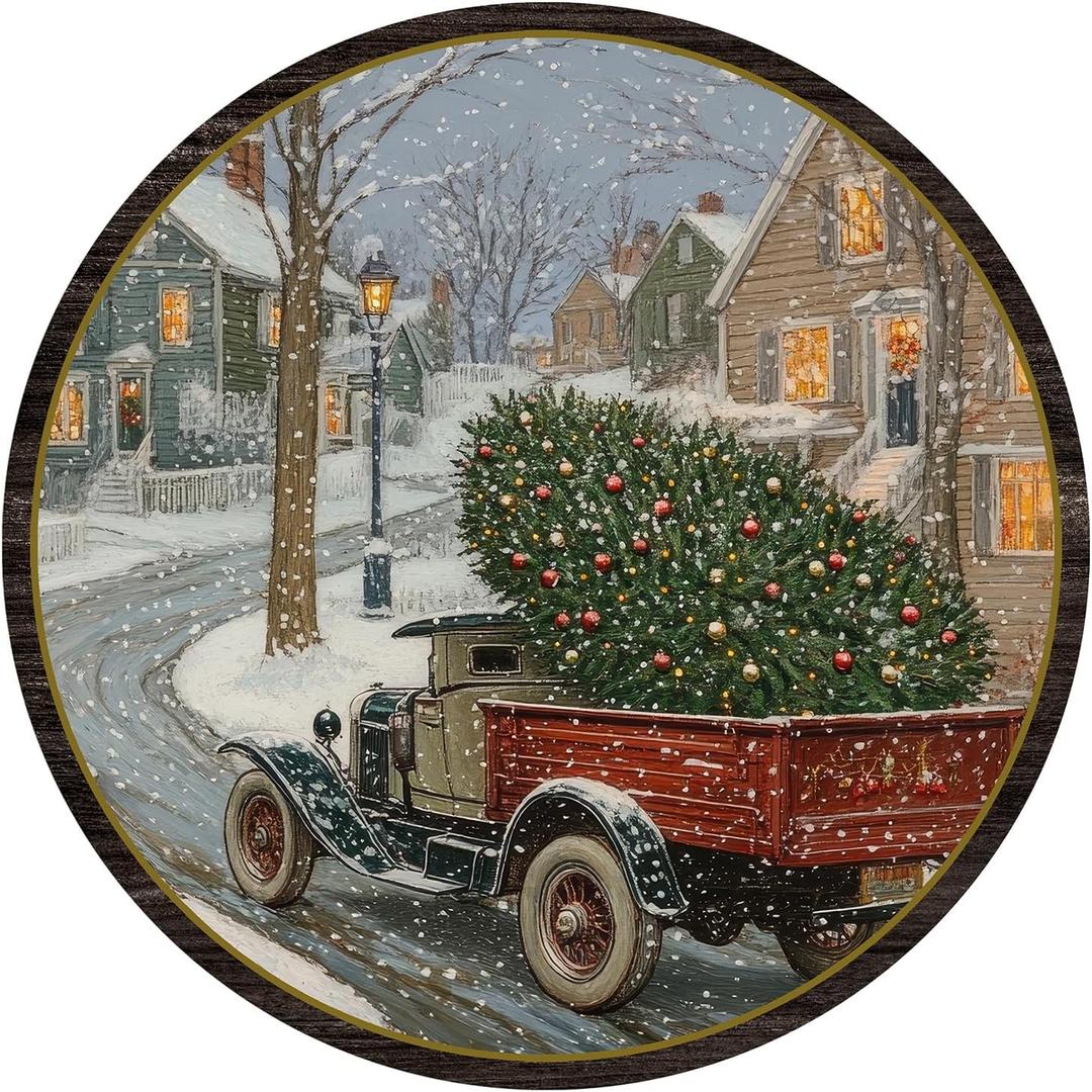 3 x TNVDFNBR Vintage Christmas Round Wall Art Decor, Retro Winter Painting, Rustic Farmhouse Winter Circular Wall Hanging Decor for Living Room Bedroom Farmhouse Kitchen, 10x10 Inch