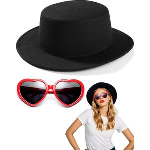 Black Fedora Hats Red Heart Sunglasses Costume for Women and Men, Fashion Flat Wide Brim Round Hats