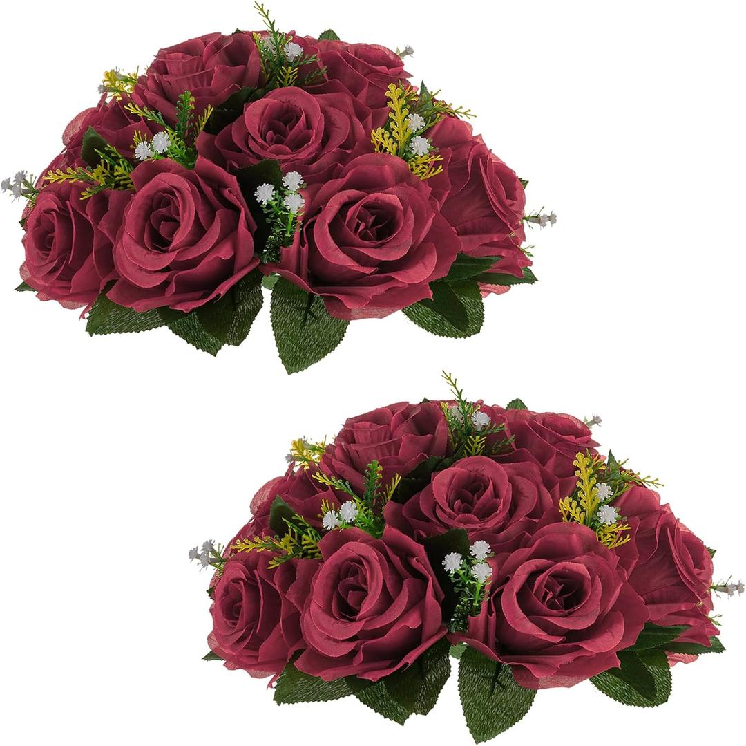 NUPTIO Flower Ball Arrangement Bouquet - 2 Pcs 9.5 inch Diameter Crimson Fake Flowers Roses Balls for Centerpieces Tables - Artificial Rose Arrangements for Wedding Centerpiece Table Decorations