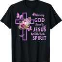 Blessed by God Saved by Jesus Purple Floral Cross Christian T-Shirt Large