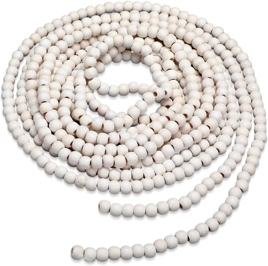 WILLBOND 16 Feet Christmas Wood Bead Garland Wooden Bead Garland for Christmas Tree Holiday Decoration (Retro Snowy White)