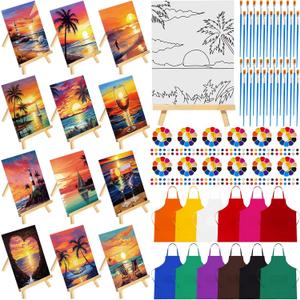 Motipuns 12 Set Pre Drawn Canvas for Painting for Adults Sip and Paint Kit with Easels 8 x 10 Inches Paint Party Kit with Printed Canvas Paints Brushes Palette Apron