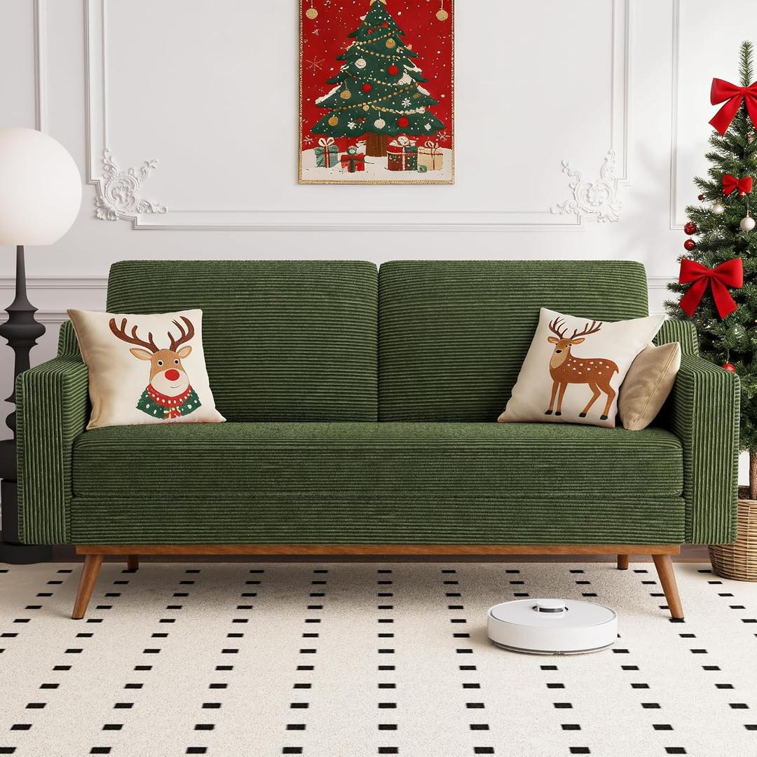 Vipbear 65.4" Loveseat Sofa Green Corduroy Couch, Mid-Century Modern Small Couches for Living Room, Bedroom, Office, Comfy Sofa with Spring Cushion, Solid Wood Frame, Tool-Free Assembly