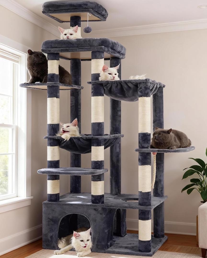 Heybly Cat Tree, 71-Inch Tall Cat Tower for Large Maine Coon Cats with Extra-Large Baseboard, Cat Condo Furniture with Multi-Level Platforms, 2 Hammocks and 12 Scratching Posts, Smoky Gray HCT037G