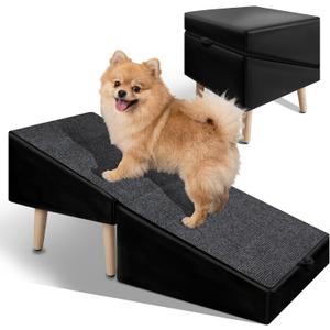 Split Ottoman Dogs Ramp, Dog Ramp for Couch and Bed, Dog Stairs for Small Dogs and Cats, 2-in-1 Foldable Wooden Pet Stairs and Ottoman, Non-Slip Fabric Surface Ramp for Couch and Bed Black