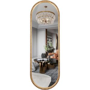 Oval Full Length Mirror, 16"x47" Metal Beaded Frame Large Hanging Dressing Floor Mirror for Bedroom, Living Room, Entryway, Antique Gold (No Stand)