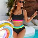 Blooming Jelly Womens High Waisted Bikini Sets Tummy Control Modest Two Piece Swimsuit Retro Sporty Color Block Bathing Suit (XL)
