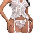 Women Lingerie Sexy Floral Lace Lingerie Set 3 Piece Bodysuit Teddy Outfit with Bustier G-string and Stockings (White, XL)