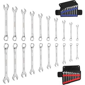 WORKPRO 20-piece Combination Wrench Set, Metric 6-18mm & SAE 1/4- 3/4, Cr-V Steel, 12-point Wrenches Set with 2-in-1 Rolling Pouch