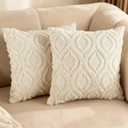 Pack of 2 Decorative Throw Pillow Covers 18x18, Soft Plush Faux Fur Wool Couch Cushion Pillow Covers Cozy Boho Farmhouse Neutral Square Pillow Case for Living Room Sofa Bed Home Decor Car, Beige