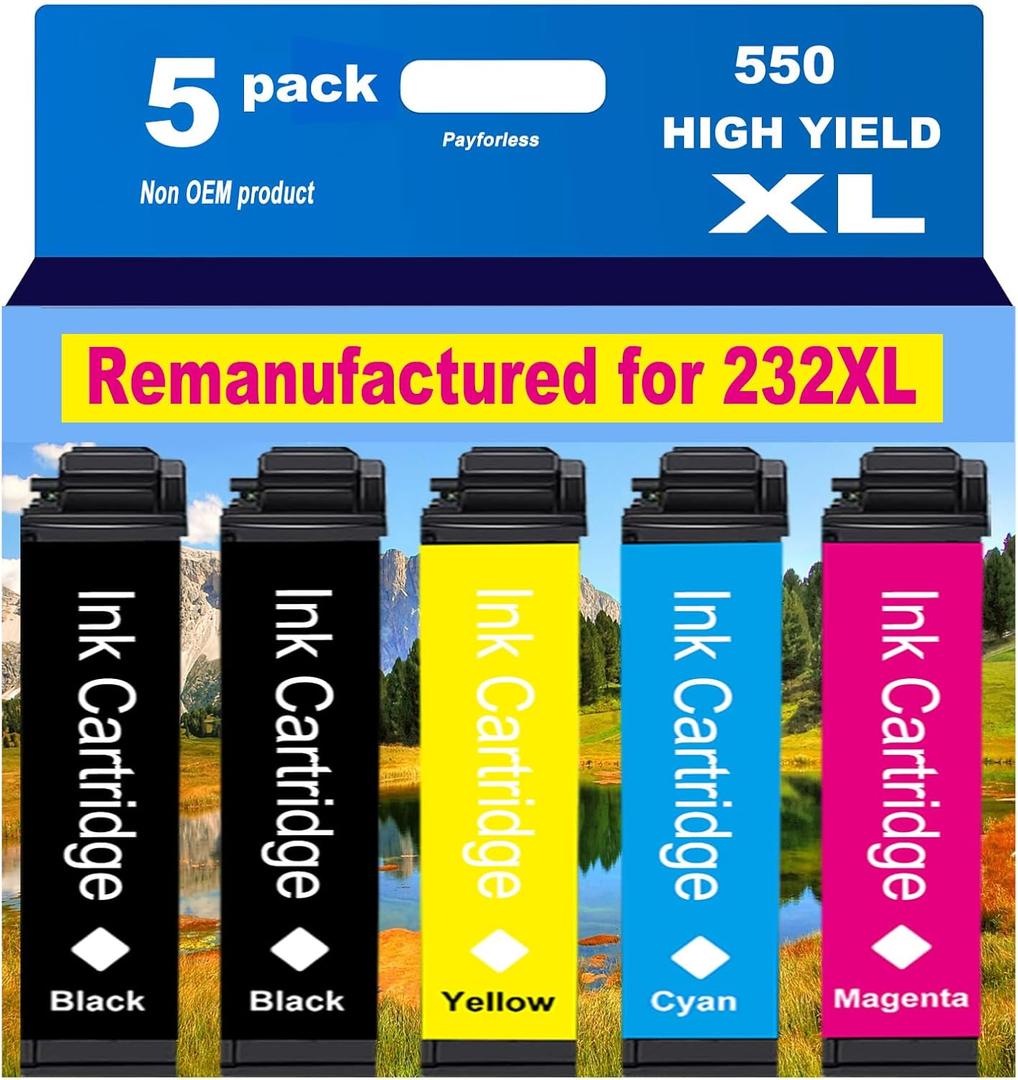 PayForLess Remanufactured for 232XL Ink Cartridges Combo Pack for T232XL for XP-4200 XP-4205 Workforce WF-2930 WF-2950 Printer 5 Pack 2 Black 1 Cyan 1 Magenta 1 Yellow