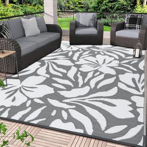 VKLIVING 8'x10' Outdoor Patio Rug, Grey-Floral, Waterproof, Modern Style, Flat Woven, Floral Pattern, Polypropylene, Area Rug, Spot Clean Only