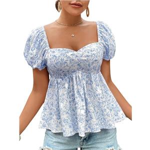 WDIRARA Women's Floral Print Sweetheart Neck Puff Short Sleeve Blouse Smocked Ruffle Hem Peplum Top XL