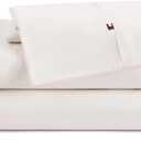 Tommy Hilfiger - Sheet Set, Cotton Washed Percale Bedding with Matching Pillowcases, Crisp & Cool, Solid Home Essentials (Ivory, Queen)