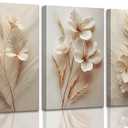 3Pcs Neutral Beige Floral Botanical Canvas Wall Art Modern Simple Texture Flower Plant Painting Picture Wall Decor Vintage Blossom Poster Print Artwork for Living Room Bedroom Bathroom