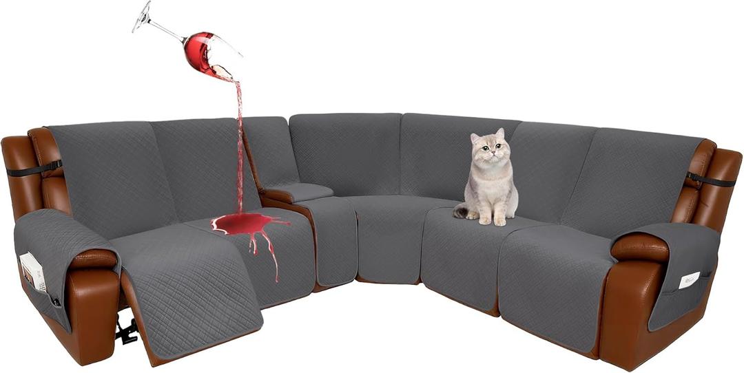 Velvet 1OO% Waterproof Reclining Sectional Couch Covers for Sectional Sofa L Shape 8-Piece Quilted Corner Recliner Sofa Cover Slipcovers Set Washable (5 Seater with 1 Console, Dark Grey)