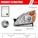 Headlight Compatible with Honda CRV 2002 2003 2004 Headlamp with Chrome Housing Amber Reflector Replacement PairW/O Bulbs