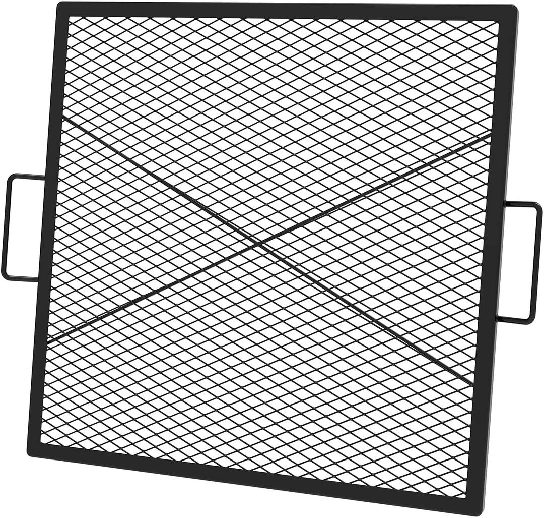 onlyfire X-Marks Square Fire Pit Cooking Grate, Square Grate for Outdoor Cooking, Heavy Duty Steel Campfire BBQ Grill Grid with Handle, 30-Inch