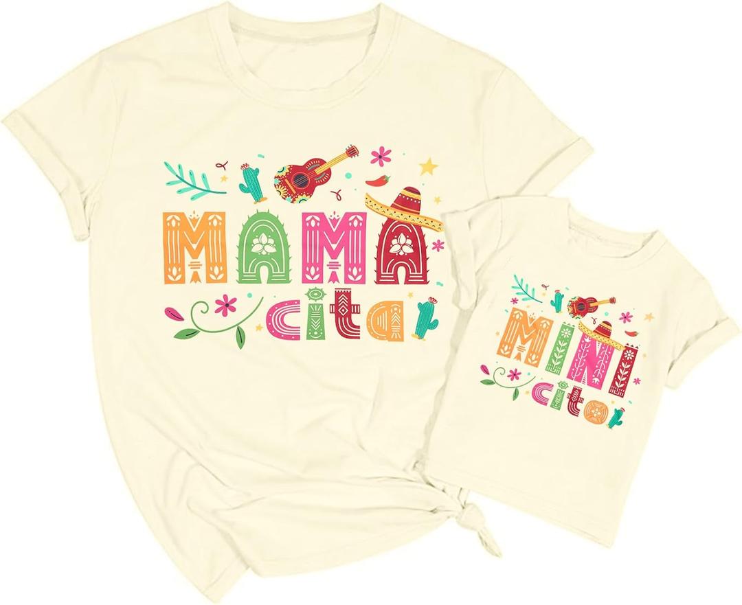 Mexican Shirt Women Mexico T-Shirt Cinco De Mayo Tee Mexican Party Shirt Mama Mini Matching Shirts Vacation Tops (Beige)