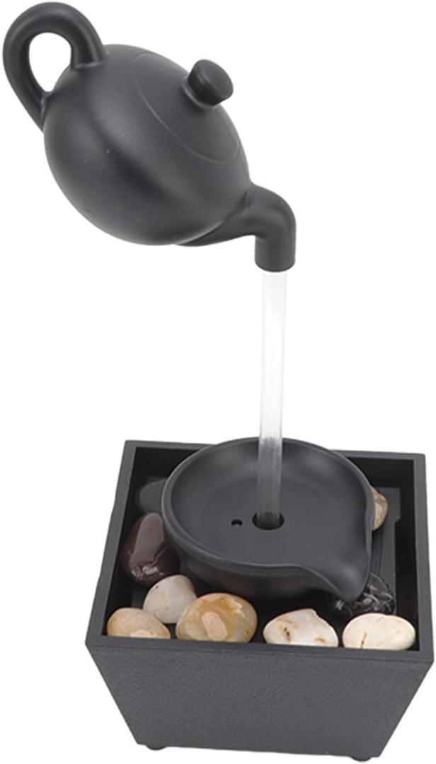Estink Waterfall Tabletop Decoration, Floating Teapot Water Fountain Ornament USB 5V Battery Power Supply Tabletop Waterfall Decoration with LED Lights Stones for Indoor Home Office Table Decor
