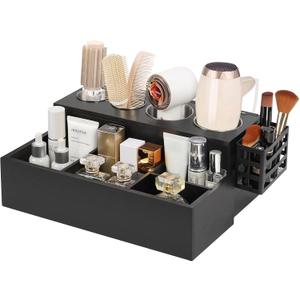 Hair Tool Organizer, Black Hair Dryer Holder and Bathroom Countertop Blow Dryer Holder with Side Basket, Vanity Caddy Storage Stand for Accessories, Makeup, Toiletries