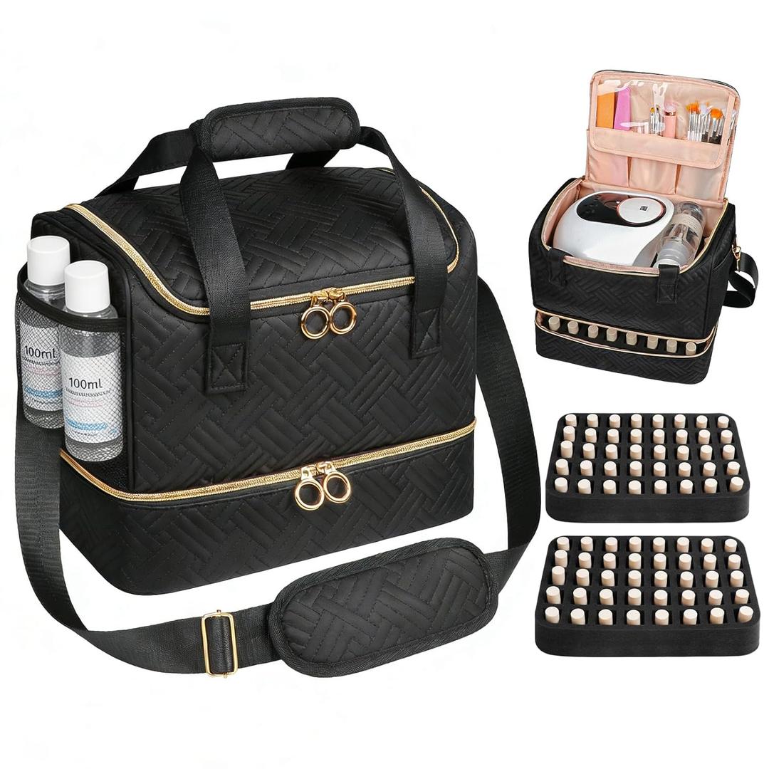 Nail Polish Organizer Bag Holds 80 Bottles (15ml/0.5fl.oz)& Nail Lamp, Soft Velvet Nail Kit Storage Carrying Case with Shoulder Strap, Double Layer Nail Supplies Organizer Handbag Women Black